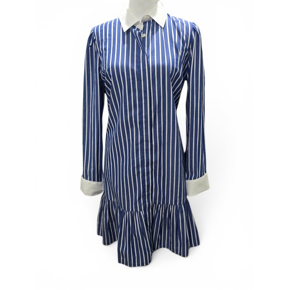J.Crew Blue White Striped Ruffle Hem Shirt Dress Size 8 (2/699)